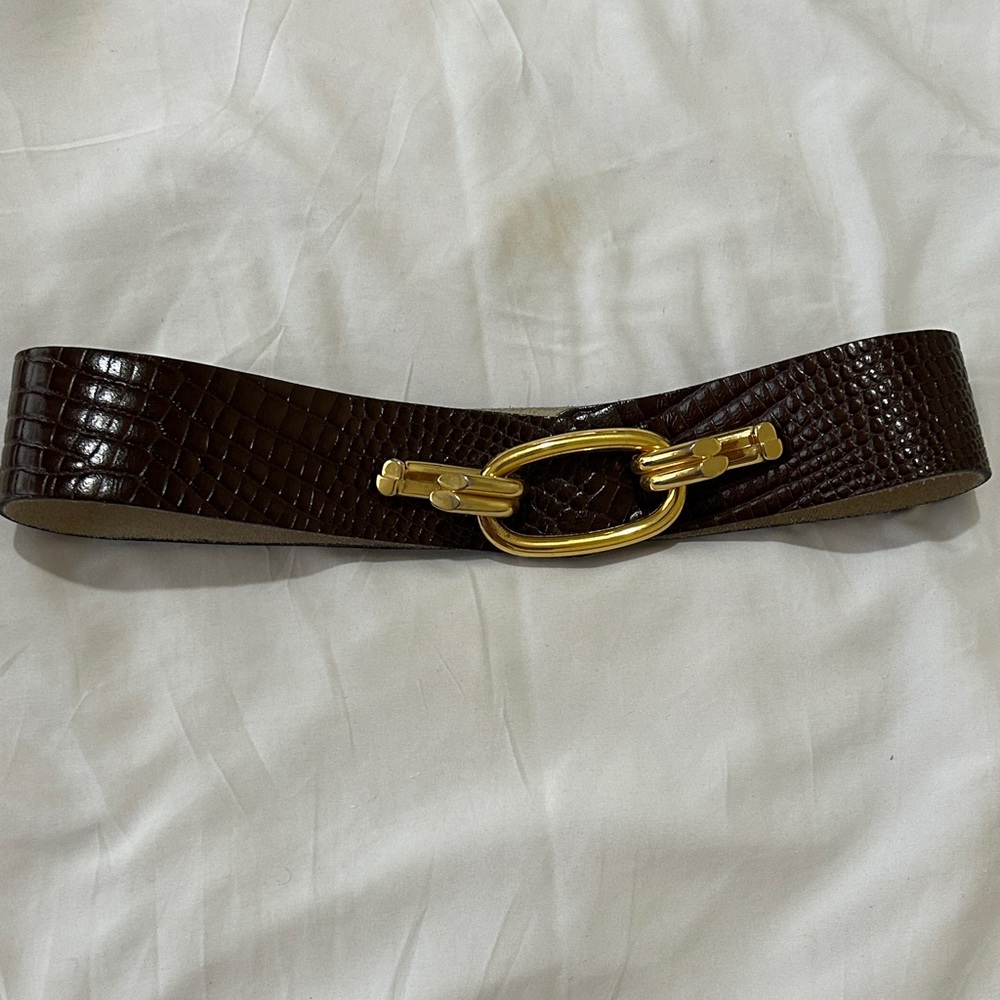 NWOT Vintage 80’s Calderon Brown Snakeskin Leather Belt with Gold-ton Hardware.
